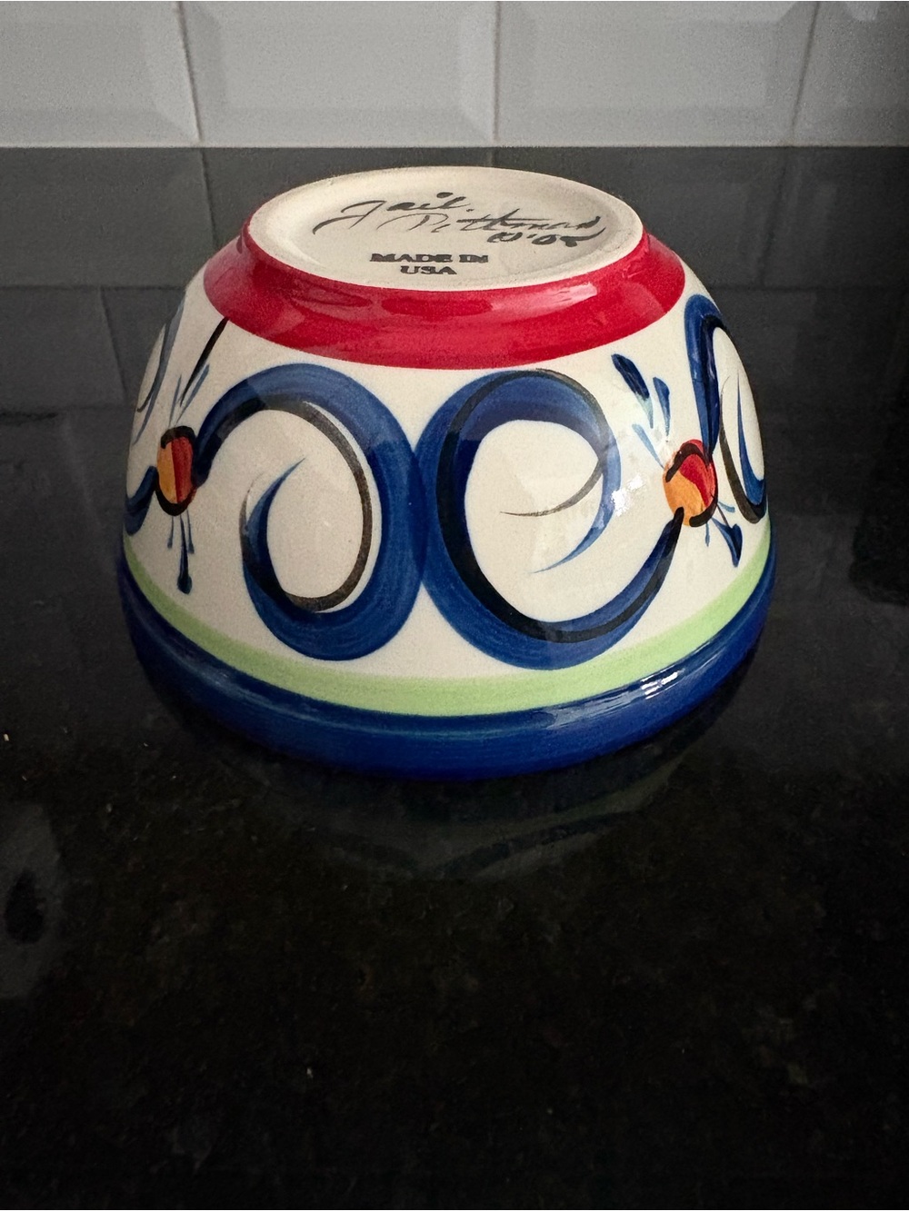 Gail Pittman Hand-Painted Ceramic Bowl in Blue, Red & Cream Made in the USA